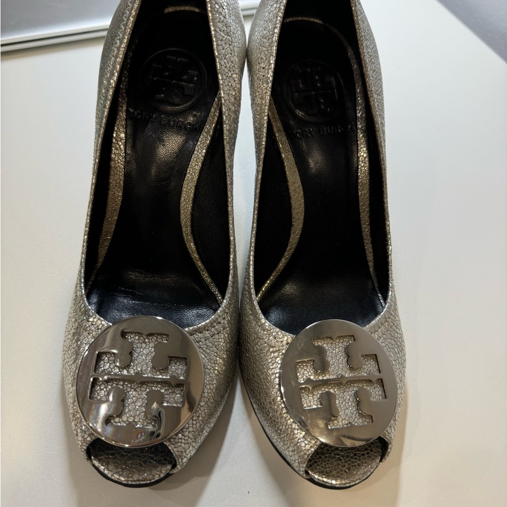 Tory Burch Metallic Silver Peep-Toe Heels (Size5 1/2-6)